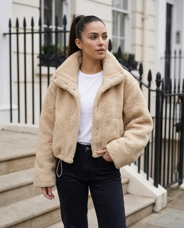 Satin Eve styling: Faux Teddy Cropped Stand-Collar Jacket