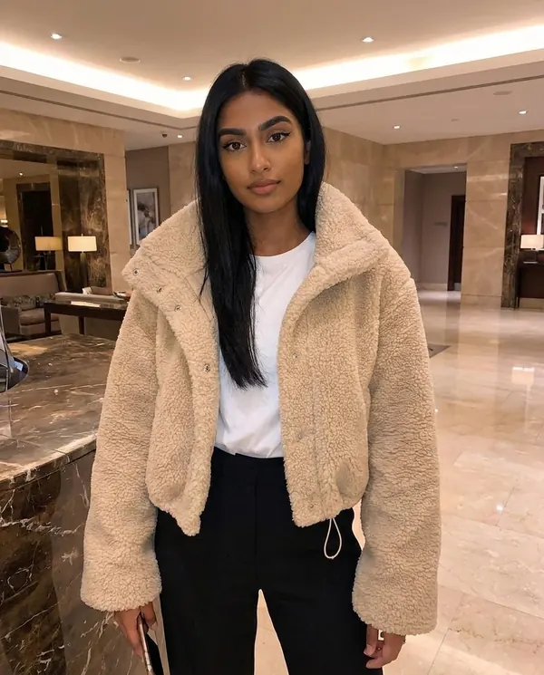 Satin Eve styling: Faux Teddy Cropped Stand-Collar Jacket