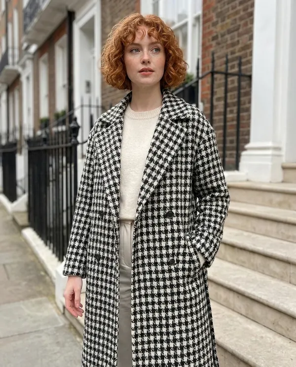 Satin Eve styling: Long Houndstooth Wool-Look Coat