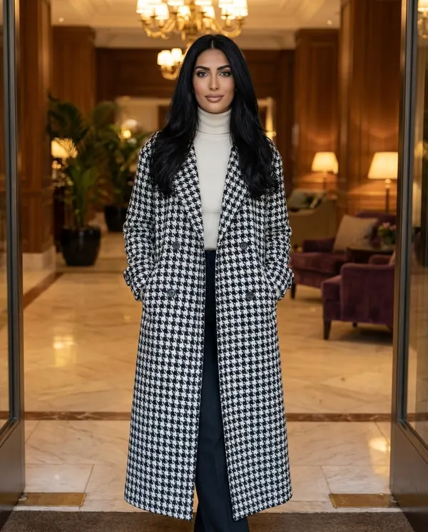 Satin Eve styling: Long Houndstooth Wool-Look Coat