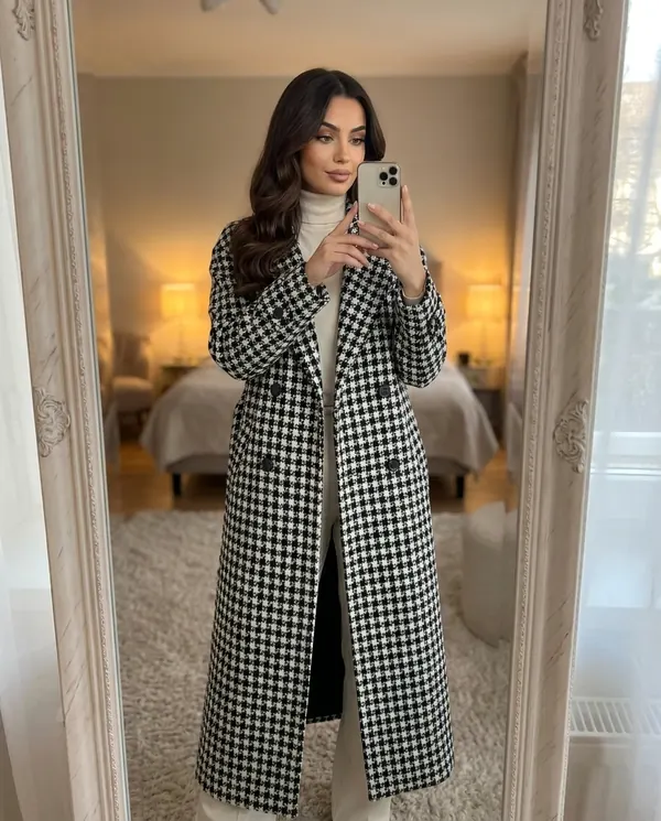 Satin Eve styling: Long Houndstooth Wool-Look Coat