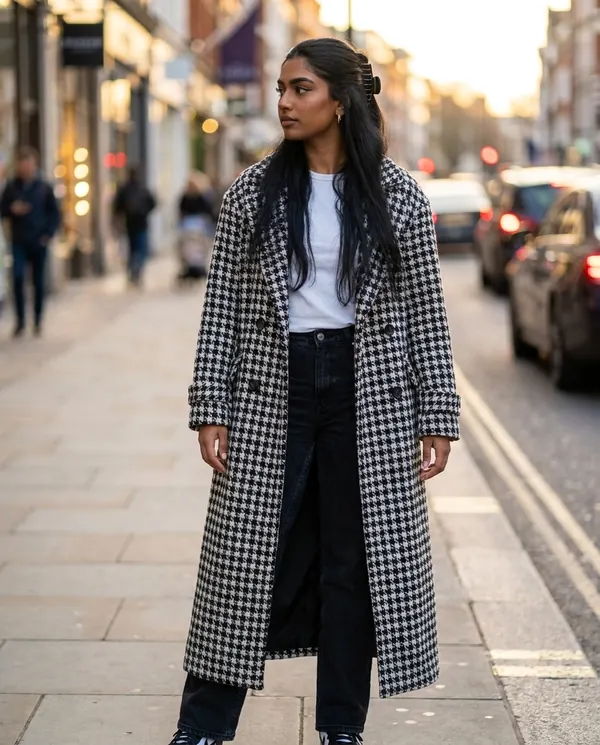 Satin Eve styling: Long Houndstooth Wool-Look Coat