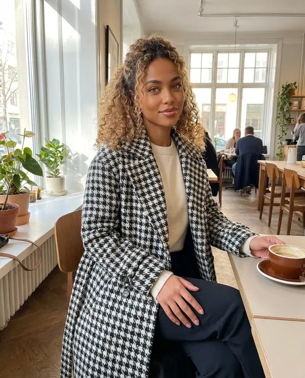 Satin Eve styling: Long Houndstooth Wool-Look Coat