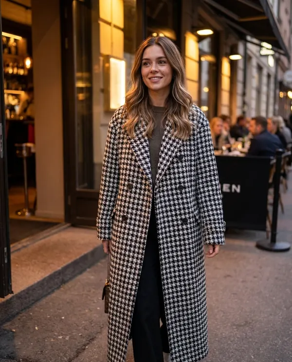 Satin Eve styling: Long Houndstooth Wool-Look Coat