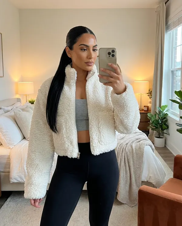 Satin Eve styling: Faux Teddy Zip Cropped Jacket