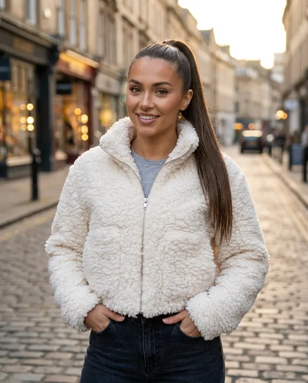 Satin Eve styling: Faux Teddy Zip Cropped Jacket