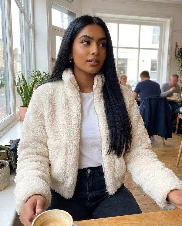 Satin Eve styling: Faux Teddy Zip Cropped Jacket