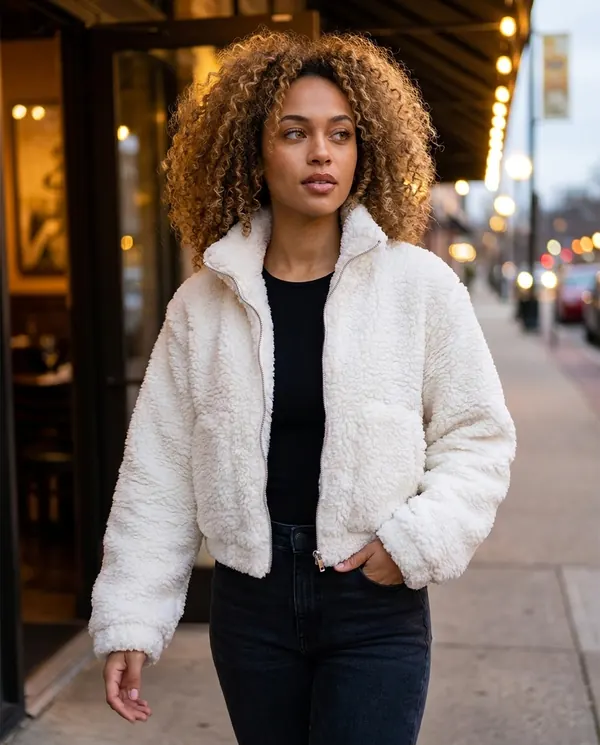 Satin Eve styling: Faux Teddy Zip Cropped Jacket