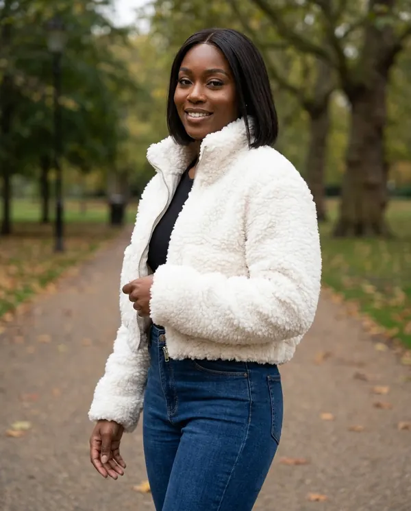 Satin Eve styling: Faux Teddy Zip Cropped Jacket