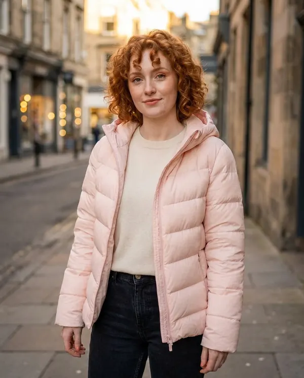 Satin Eve styling: Slim Chevron-Baffle Hooded Puffer Jacket