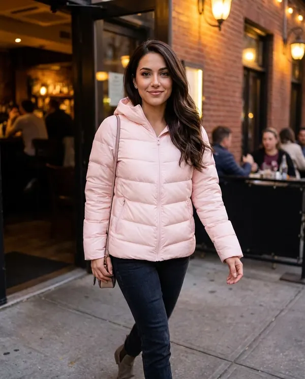 Satin Eve styling: Slim Chevron-Baffle Hooded Puffer Jacket