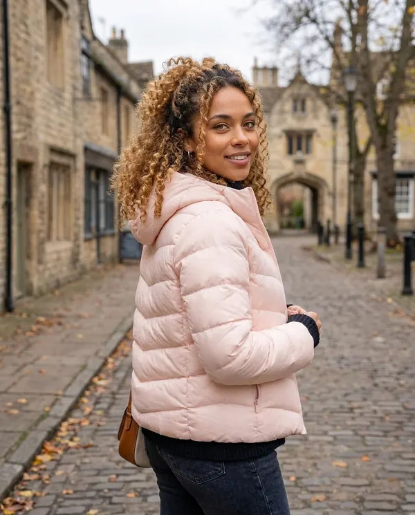 Satin Eve styling: Slim Chevron-Baffle Hooded Puffer Jacket