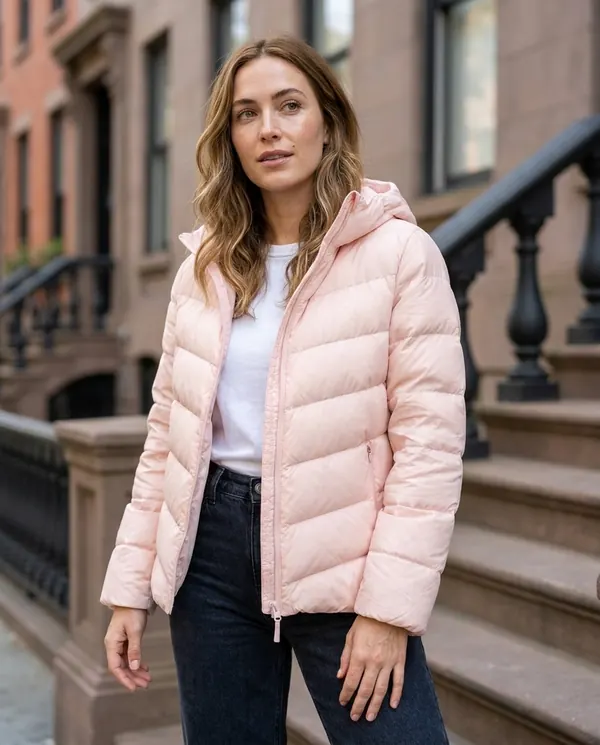 Satin Eve styling: Slim Chevron-Baffle Hooded Puffer Jacket