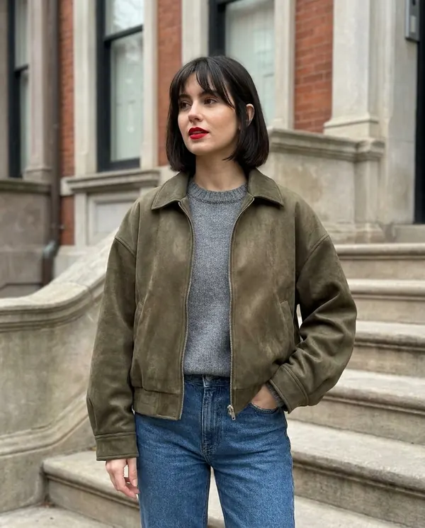 Satin Eve styling: Faux Suede Collared Bomber Jacket