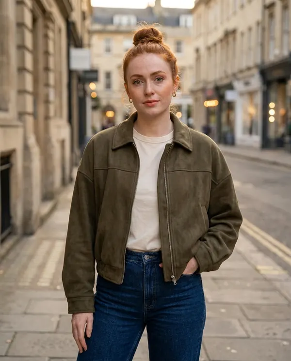 Satin Eve styling: Faux Suede Collared Bomber Jacket