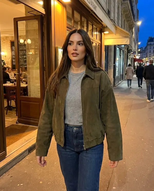 Satin Eve styling: Faux Suede Collared Bomber Jacket