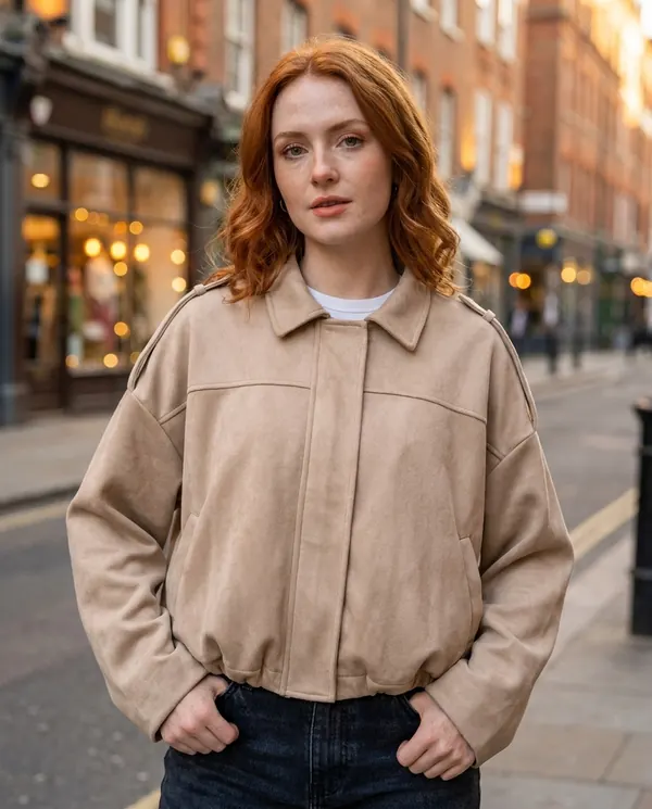 Satin Eve styling: Faux Suede Bubble-Hem Bomber Jacket