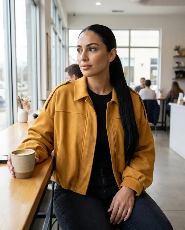 Satin Eve styling: Faux Suede Bubble-Hem Bomber Jacket
