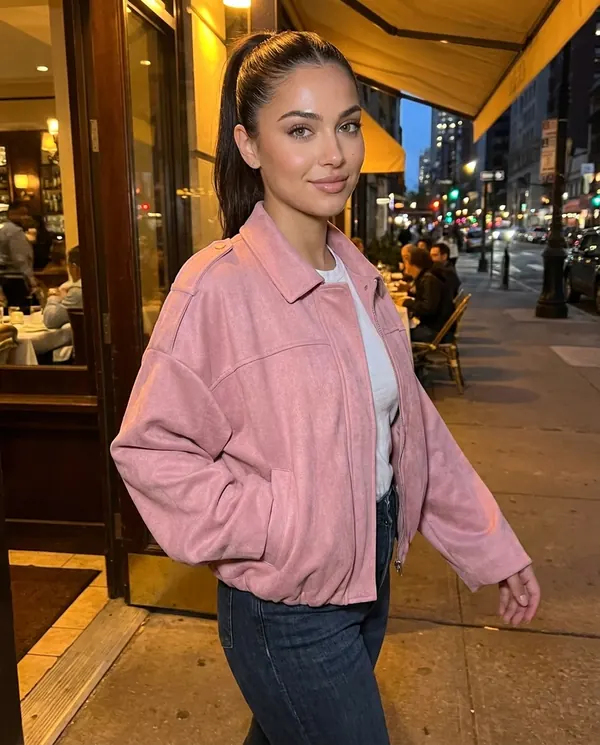 Satin Eve styling: Faux Suede Bubble-Hem Bomber Jacket