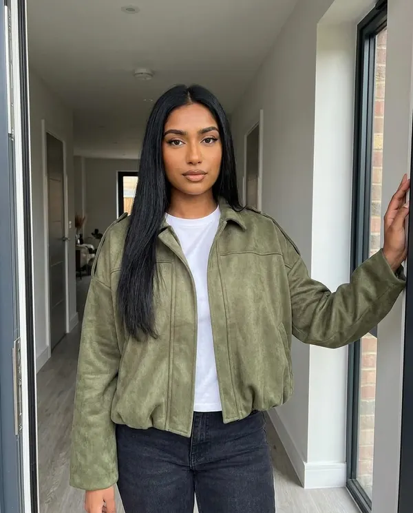 Satin Eve styling: Faux Suede Bubble-Hem Bomber Jacket