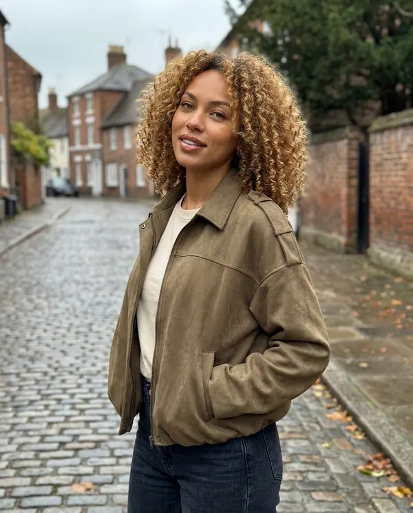 Satin Eve styling: Faux Suede Bubble-Hem Bomber Jacket