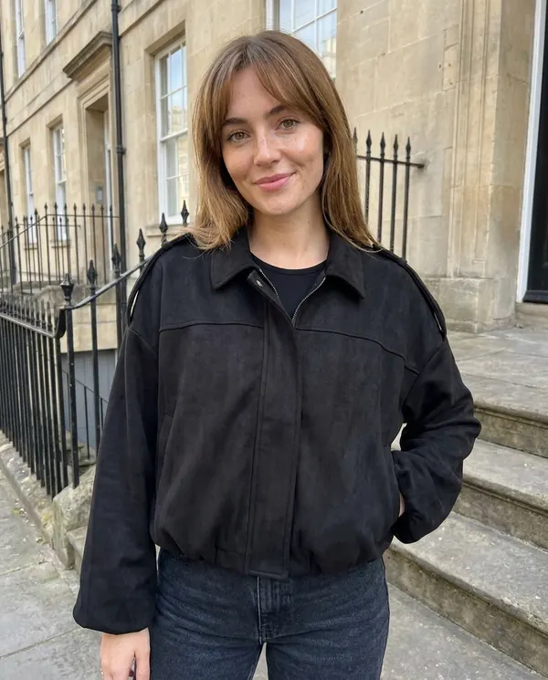 Satin Eve styling: Faux Suede Bubble-Hem Bomber Jacket