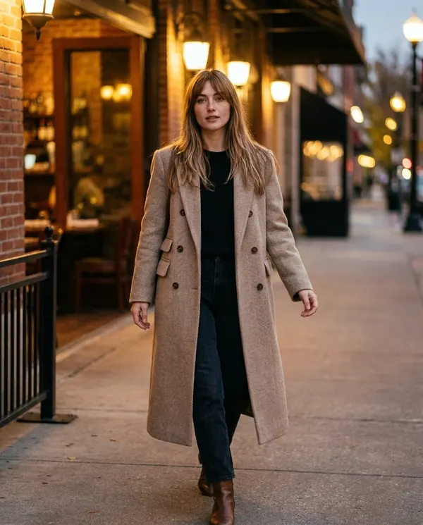 Satin Eve styling: Herringbone Wool-Look Coat