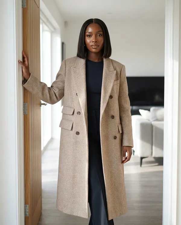 Satin Eve styling: Herringbone Wool-Look Coat