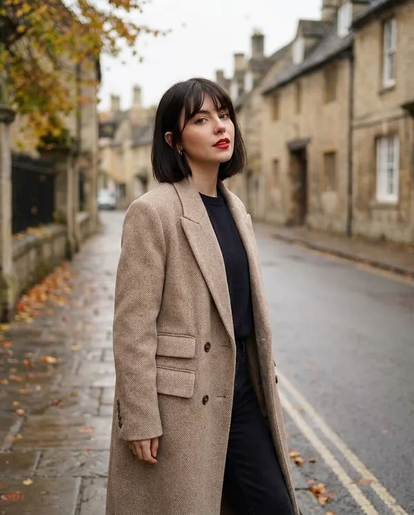 Satin Eve styling: Herringbone Wool-Look Coat