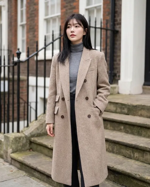 Satin Eve styling: Herringbone Wool-Look Coat