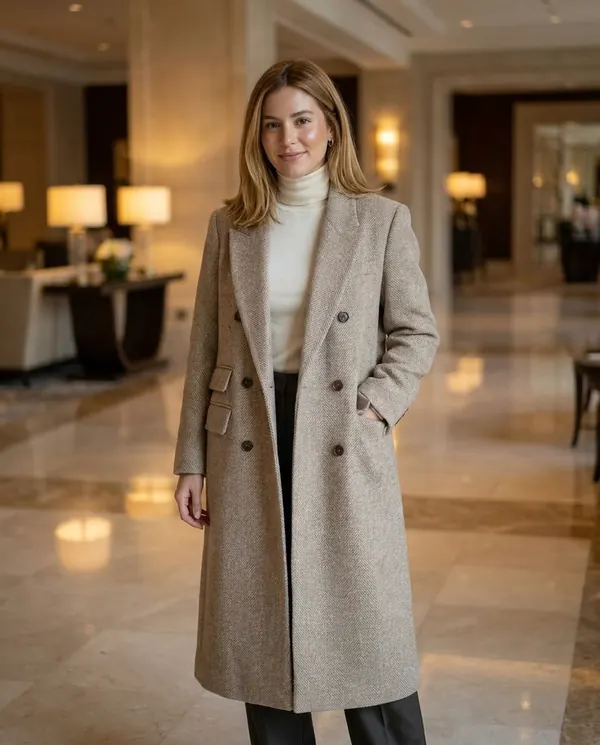 Satin Eve styling: Herringbone Wool-Look Coat