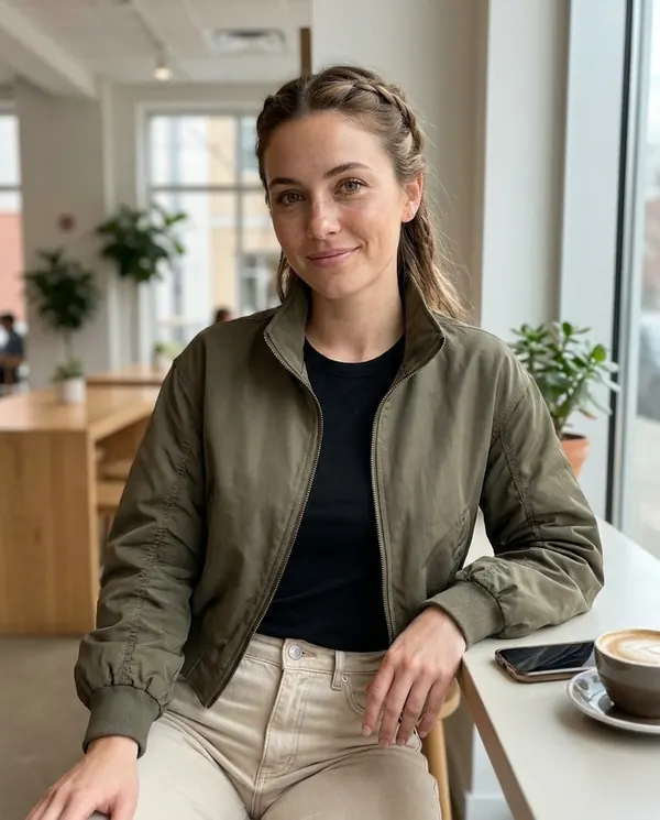Satin Eve styling: Stand-Collar Zip Bomber Jacket