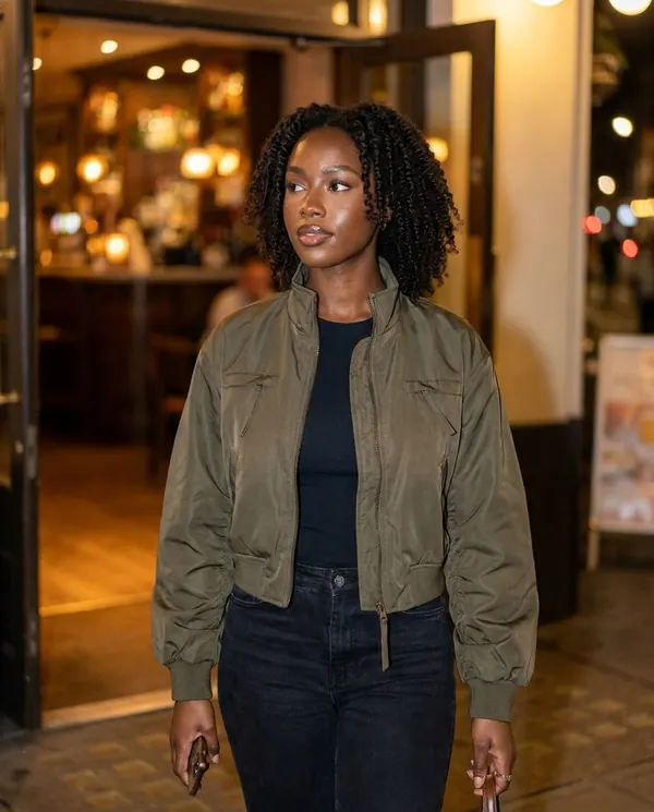 Satin Eve styling: Stand-Collar Zip Bomber Jacket