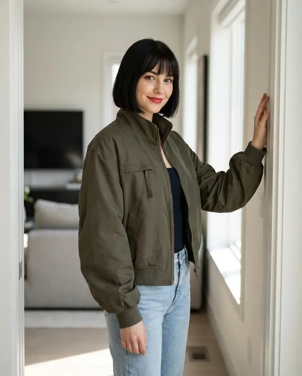 Satin Eve styling: Stand-Collar Zip Bomber Jacket