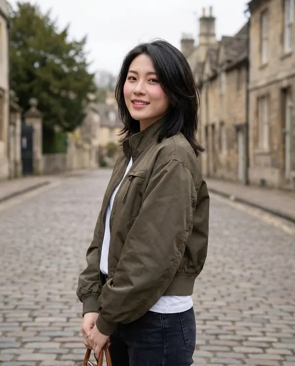 Satin Eve styling: Stand-Collar Zip Bomber Jacket