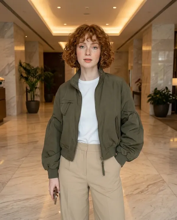 Satin Eve styling: Stand-Collar Zip Bomber Jacket