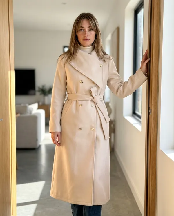 Satin Eve styling: Cream Belted Double-Breasted Wool-Look Coat