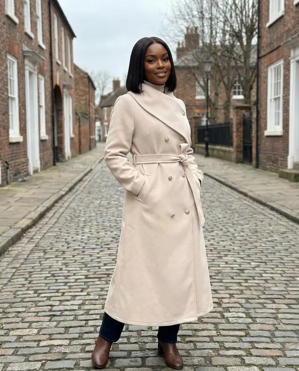 Satin Eve styling: Cream Belted Double-Breasted Wool-Look Coat