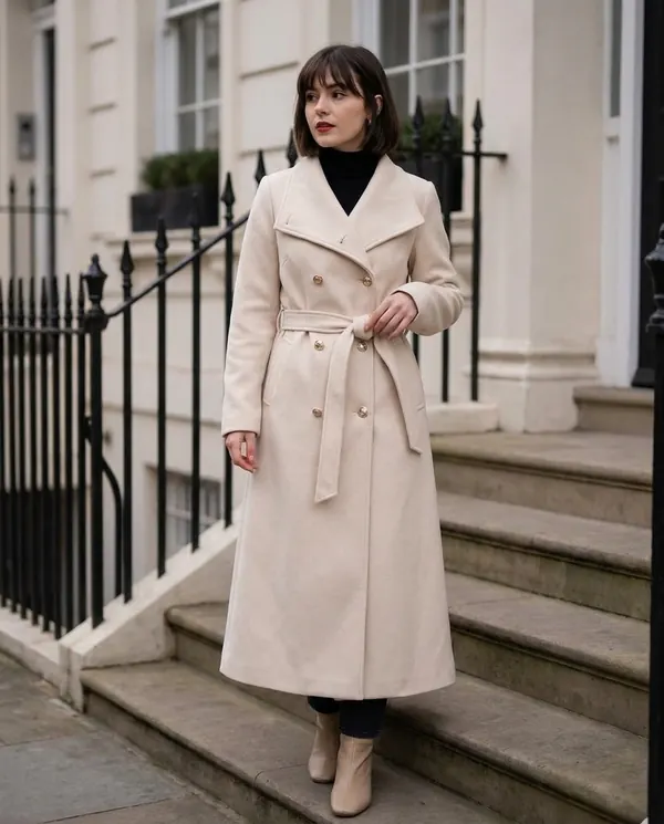 Satin Eve styling: Cream Belted Double-Breasted Wool-Look Coat
