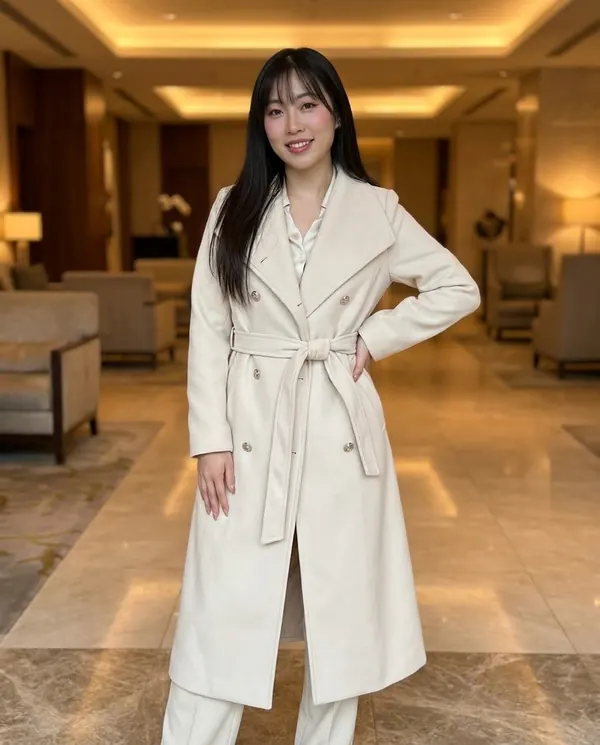 Satin Eve styling: Cream Belted Double-Breasted Wool-Look Coat