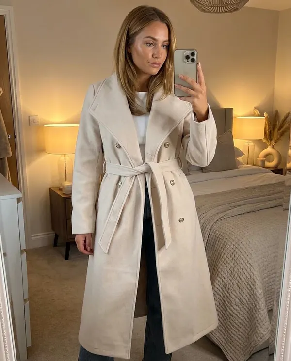 Satin Eve styling: Cream Belted Double-Breasted Wool-Look Coat