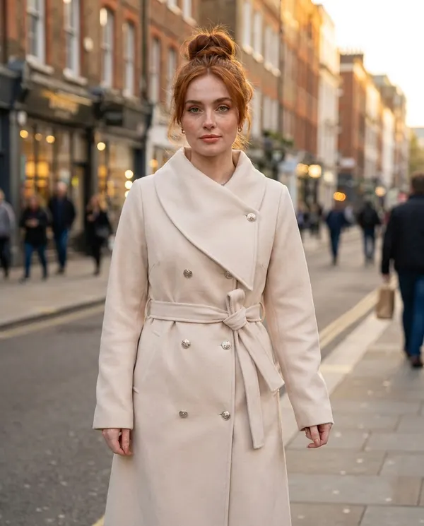 Satin Eve styling: Cream Belted Double-Breasted Wool-Look Coat