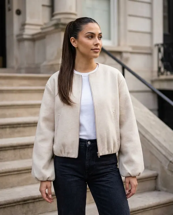 Satin Eve styling: Soft Round-Neck Balloon-Sleeve Bomber