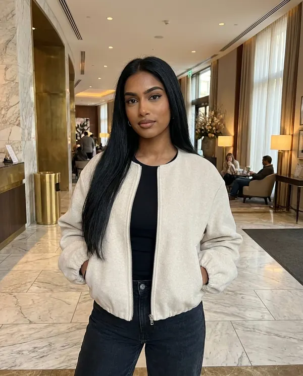 Satin Eve styling: Soft Round-Neck Balloon-Sleeve Bomber