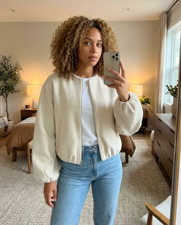 Satin Eve styling: Soft Round-Neck Balloon-Sleeve Bomber