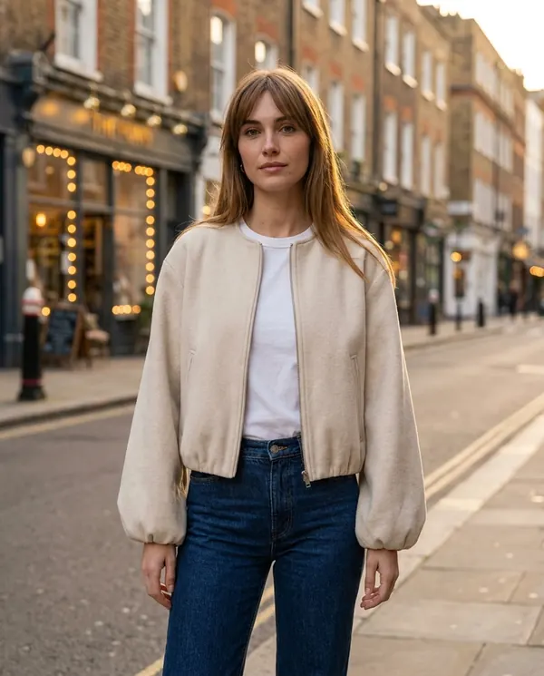 Satin Eve styling: Soft Round-Neck Balloon-Sleeve Bomber