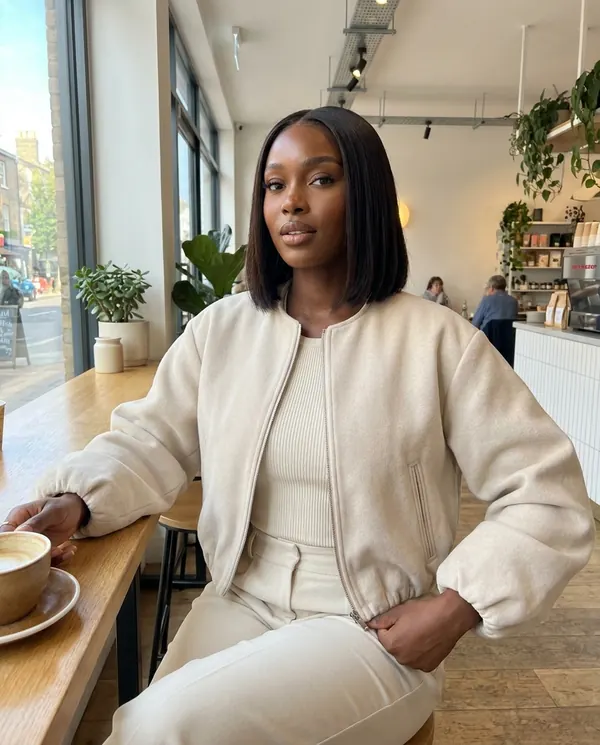 Satin Eve styling: Soft Round-Neck Balloon-Sleeve Bomber