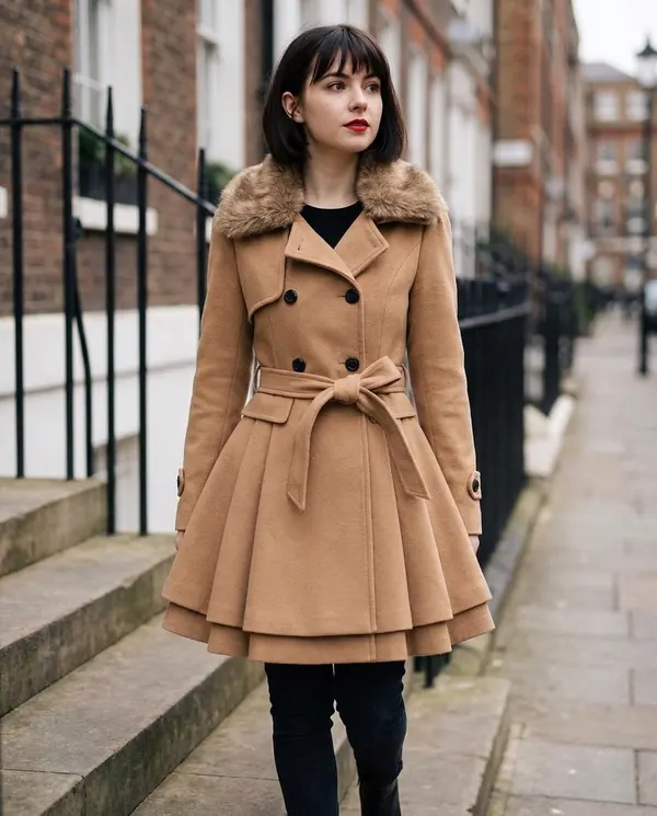Satin Eve styling: Flared Faux Fur Collar Coat