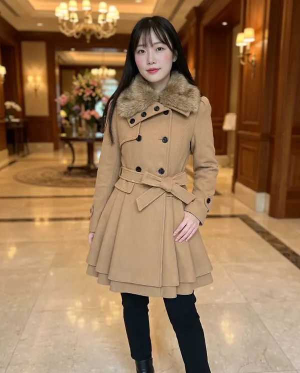 Satin Eve styling: Flared Faux Fur Collar Coat