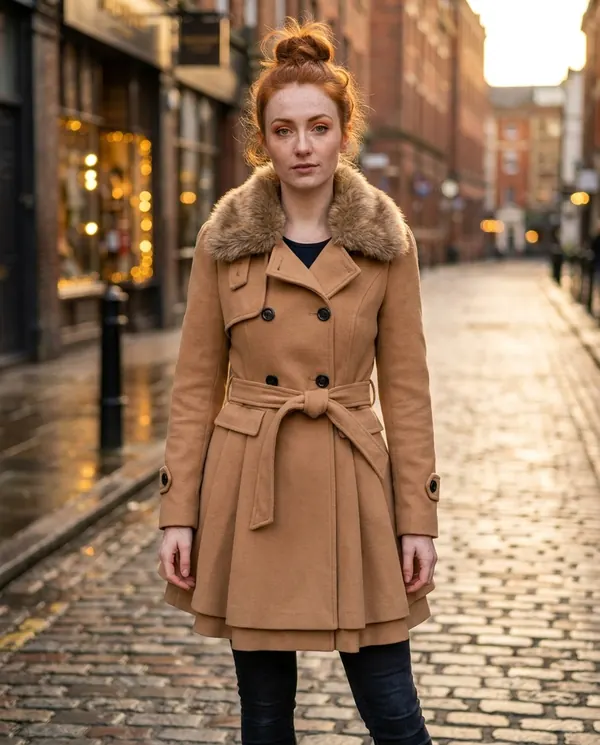 Satin Eve styling: Flared Faux Fur Collar Coat